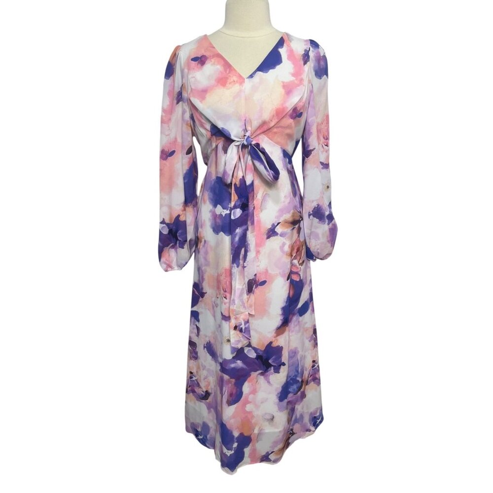 Zesica Floral Midi Dress Vneck Tie Waist Long Sleeve Medium Pink Purple New